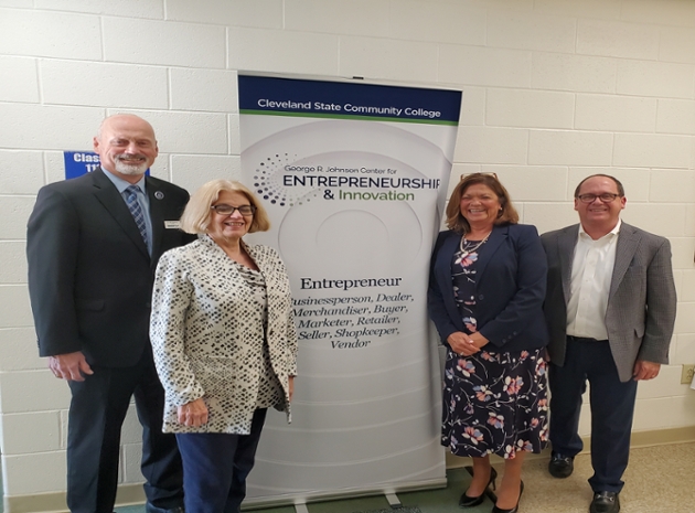 left to right: Dr. Bill Seymour, CSCC President; Janice Wilson, daughter of George R. Johnson; Dr. Patty Weaver, Vice President of Workforce and Economic Development at CSCC; Mike Griffin, CSCC Foundation Board Chair. 