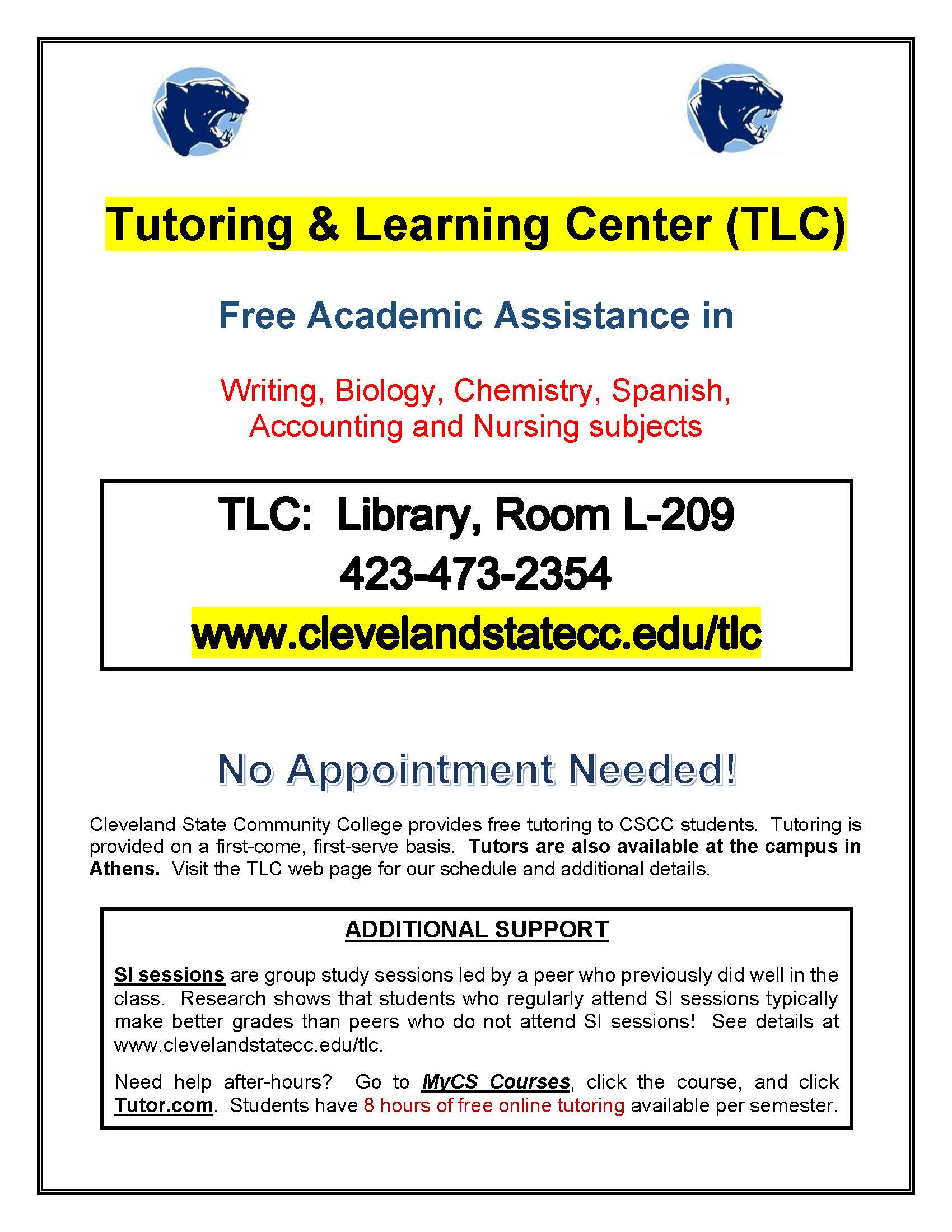 Tutoring and Learning Center flier. PDF available at link above.