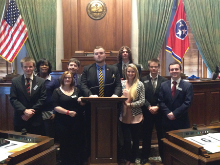 CSCC had nine students participate in the Tennessee Intercollegiate State Legislature (TISL) held at the state Capitol recently. Pictured from left to right: (Front row): Maddie Scoggins, William Dickinson and Haley Hodgson. (Back Row): Ryan Ledford, Cassandra Jordan,  Joseph Owens,  Kyler Evans, Doug Ledford and Justin Deal. 